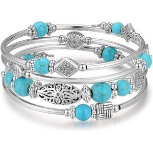Turquoise Layered Wrap Bangle Bead Bracelet w/ Agate Stone